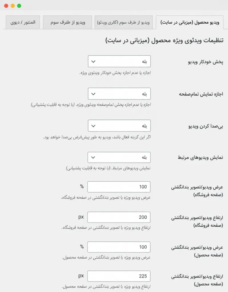تنظیمات ویدیوی شاخص Embed شده