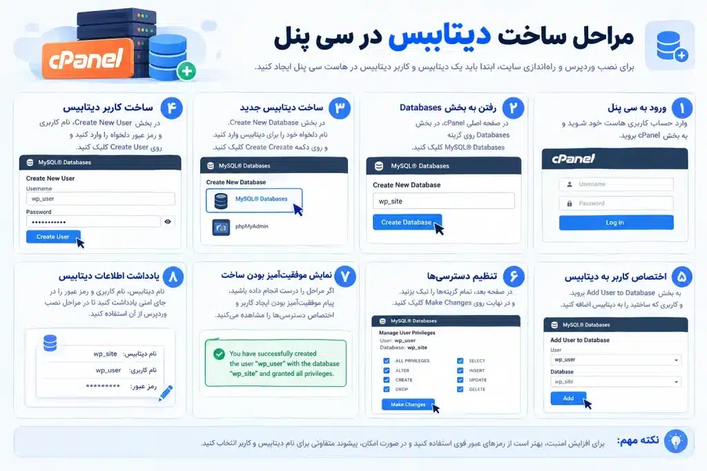 آموزش نصب وردپرس روی هاست سی پنل | نصب WordPress در cPanel از صفر تا صد 3 مراحل ساخت دیتابیس وردپرس در هاست cPanel